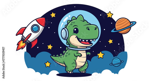 Chibi dinosaur floating in space wearing astronaut costume and helmet, surrounded by planets and stars. Adventure kids wallpaper