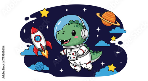 Chibi dinosaur floating in space wearing astronaut costume and helmet, surrounded by planets and stars. Adventure kids wallpaper