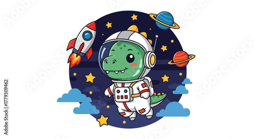 Chibi dinosaur floating in space wearing astronaut costume and helmet, surrounded by planets and stars. Adventure kids wallpaper
