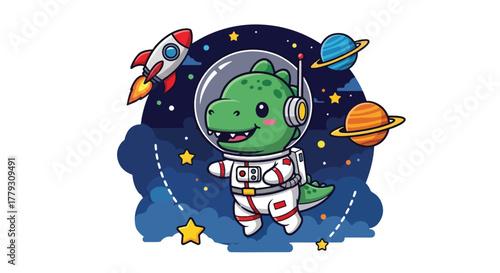 Chibi dinosaur floating in space wearing astronaut costume and helmet, surrounded by planets and stars. Adventure kids wallpaper