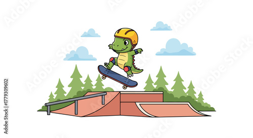 Chibi dinosaur performing skateboard trick wearing tiny helmet, playful urban kids wallpaper