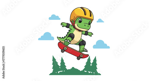 Chibi dinosaur performing skateboard trick wearing tiny helmet, playful urban kids wallpaper