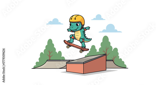 Chibi dinosaur performing skateboard trick wearing tiny helmet, playful urban kids wallpaper