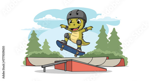 Chibi dinosaur performing skateboard trick wearing tiny helmet, playful urban kids wallpaper