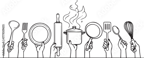 Diverse hands holding kitchen utensils, cooking tools, line art