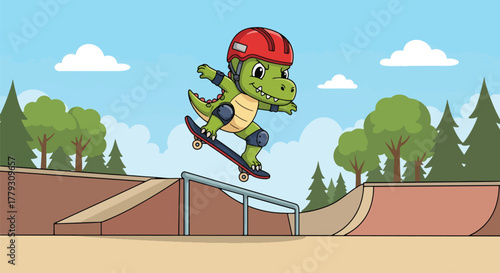 Chibi dinosaur performing skateboard trick wearing tiny helmet, playful urban kids wallpaper