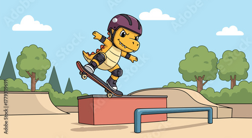 Chibi dinosaur performing skateboard trick wearing tiny helmet, playful urban kids wallpaper