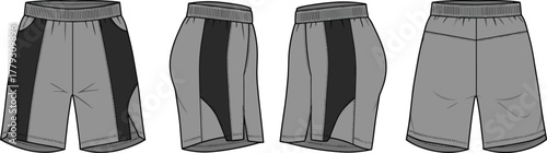 Athletic shorts technical sketch, sportswear design, grayscale fashion illustration, elastic waistband, curved hem, panel seam detail, apparel template, vector