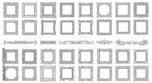Set of decorative square frames and ornamental dividers. Ornate vintage borders collection vector illustration