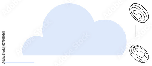 Cloud shape with overlay of floating coins representing digital currency and transactions. Ideal for finance, technology, innovation, fintech, digital growth, online solutions, cryptocurrency. Clean