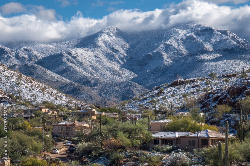Fototapeta premium Snow Capped Desert Foothills in Cave Creek, Arizona: A Charming Winter Retreat