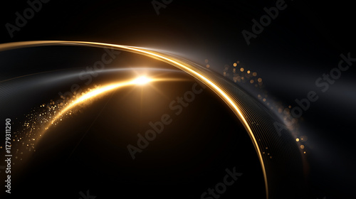 Elegante geschwungene goldene Lichtwellen mit Sternenpartikeln auf dunklem Hintergrund