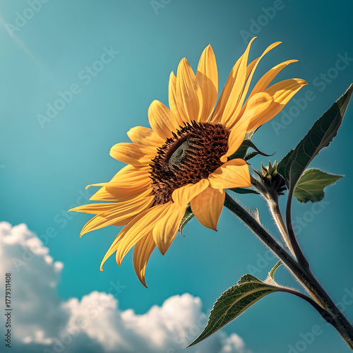 Bright sunflower blooming under blue sky with scattered white clouds