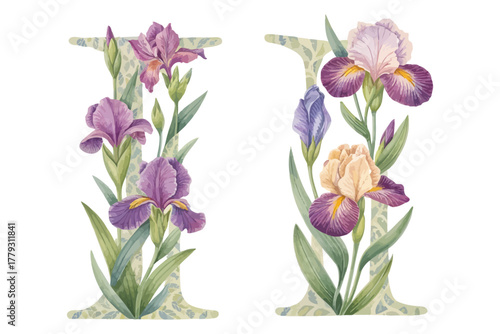 Botanical Alphabet I Watercolor Flower Letter vector illustration