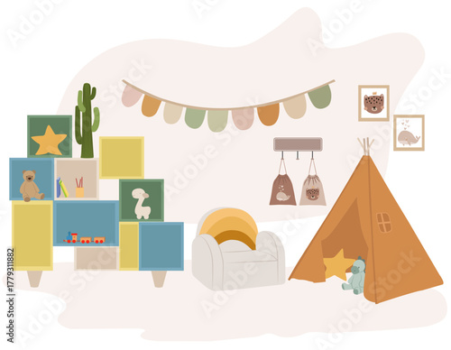 Children playroom with reading chair, play tent and colorful storage cubes. Cozy vector illustration for modern kids interior