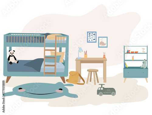 Modern kids bedroom with bunk bed, desk and toys. Cozy top view vector illustration for children room decor