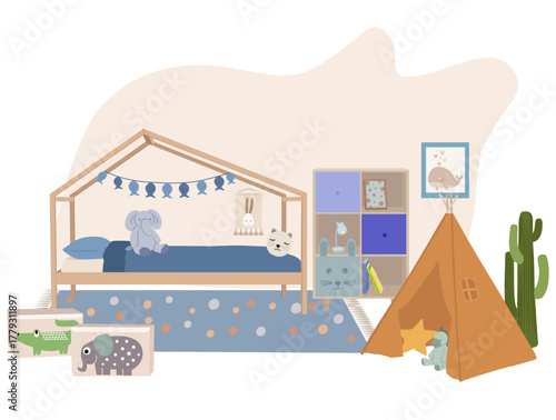 Cute children bedroom with play tent, house bed and cactus decor. Modern vector illustration for kids interior design