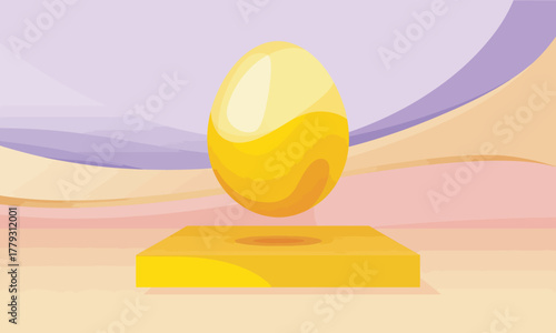 This image depicts a glossy golden egg hovering over a platform, symbolizing luxury and innovation, perfect for branding and promotional content related to luxury goods.