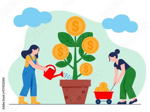 This image illustrates two individuals nurturing a money plant, symbolizing the growth of financial resources and investment strategies for success in personal finance.