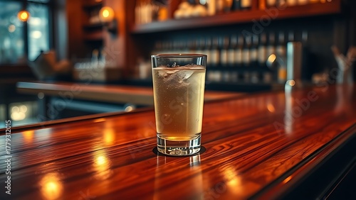 highball. Elegant wooden bar counter with a single highball glass, showcasing refined simplicity in warm lighting. bar promotions.