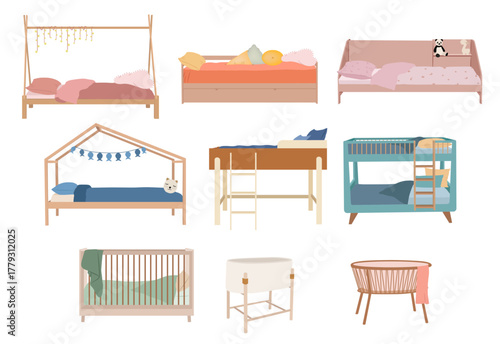 Kids beds and baby cribs vector set. Modern nursery furniture collection with bunk bed, house bed, baby cot and changing table.