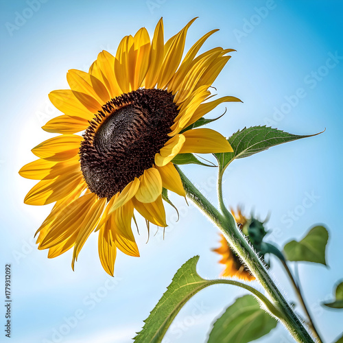 Bright sunflower blooming under blue sky with scattered white clouds