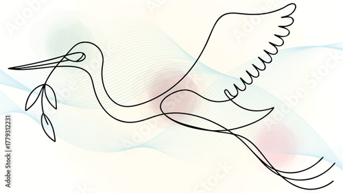 Single line drawing a stork carrying a branch with leaves in its beak bird flying elegant continuous