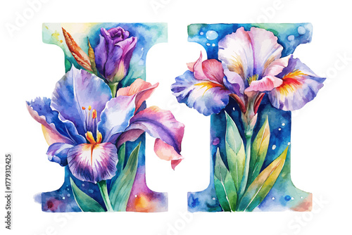 Watercolor Letter I with flower vector illustration isolated on white background
