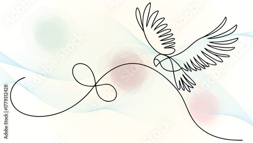 One line drawing a flying eagle with abstract wavy elegant continuous soft splashes bird