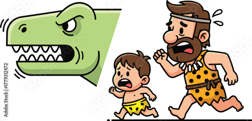 Cartoon caveman and child running from dinosaur, prehistoric danger scene, funny ancient survival illustration with scared expressions