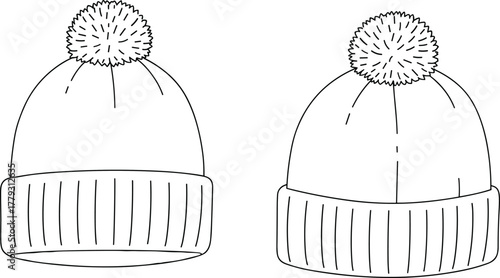 Winter hat illustration, pom-pom beanie drawing, ribbed knit texture, fashion sketch, cozy headwear, seasonal accessory, apparel design, vector art