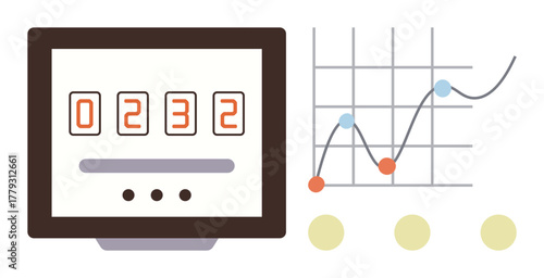 Digital counter displaying numeric data paired with a multi-point line graph. Ideal for data analysis, progress tracking, statistics, data-driven decision-making, business performance, digital tools