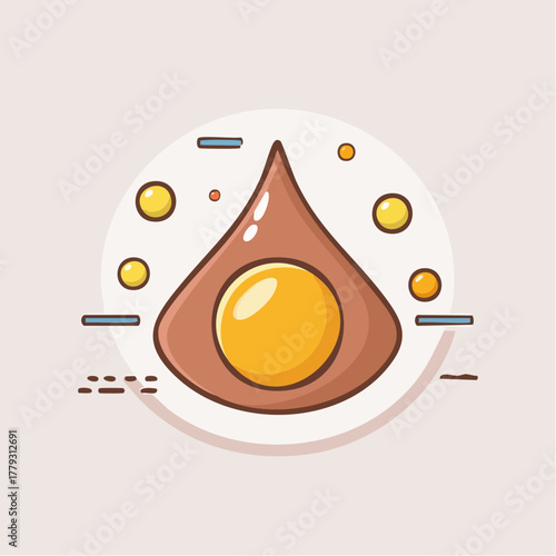 A pixel art illustration of a fried egg with a brown border and yellow yolk centered within a light beige circle adorned with simple blue lines and yellow dots symbolizing a whimsical breakfast scene