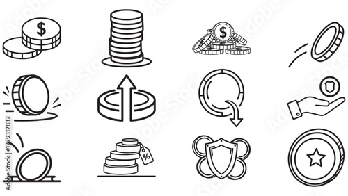 Coins Icon Variations In Black — Stacks, Rolls And Currency Pieces For Savings, Cash Change And Banking Dashboards