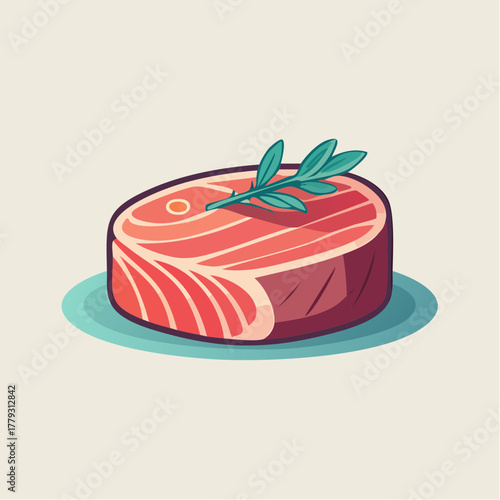 Pixel Art Salmon Steak With Rosemary Sprig On A Plate A Top Down View Isolated On A Light Background