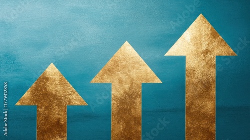 Three golden arrows ascend on a textured teal background, suggesting growth