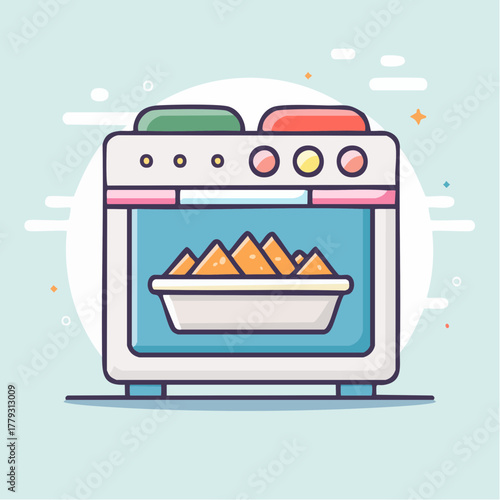 White Oven with Red and Green Top Heating Food Inside a Baking Dish on a Light Blue Background with Abstract Shapes and Stars