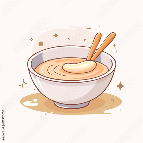 Pixel art of a creamy soup with wooden chopsticks and a pat of butter in a white bowl with sparkling accents and a neutral background