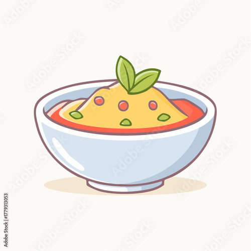 Simple Pixel Art Bowl of Yellow Porridge Topped with Red Berries and Green Leaves on a Light Beige Background