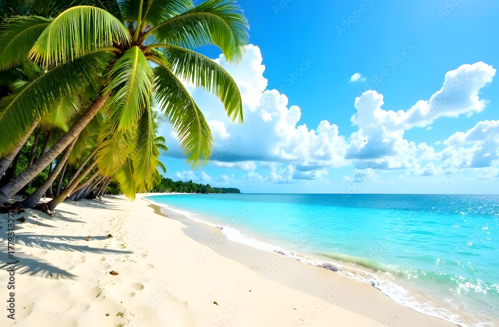 Obraz premium Tropical beach with palm trees and turquoise sea under sunny blue sky.