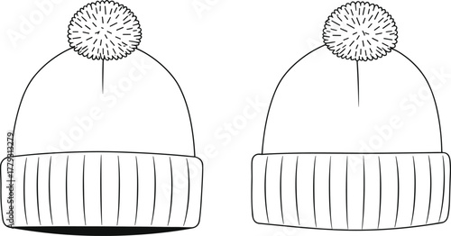 Winter hat illustration, black and white sketch, pom-pom beanie drawing, cozy fashion accessory, seasonal headwear, minimalist style, vector art