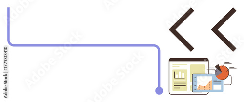 Flowing line connected to data representations, including charts, documents, and graphs. Ideal for research, analytics, technology, innovation education data sharing modern design. Minimal flat