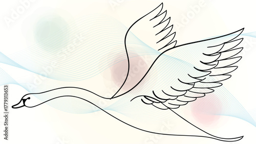 Swan in Flight with Outstretched Wings Abstract elegant continuous bird flying