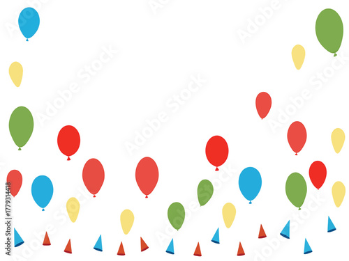Festive celebration background with colorful flying balloons and party hats