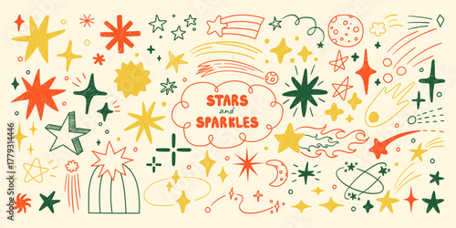 Doodle star shapes, sparkles and space drawings. Holiday stars design elements for party, Birthday, Christmas and New Year celebration. Quirky vector graphic