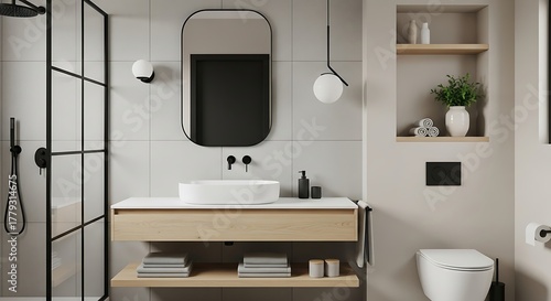 Modern Bathroom Design with Black Framed Shower and Vanity.