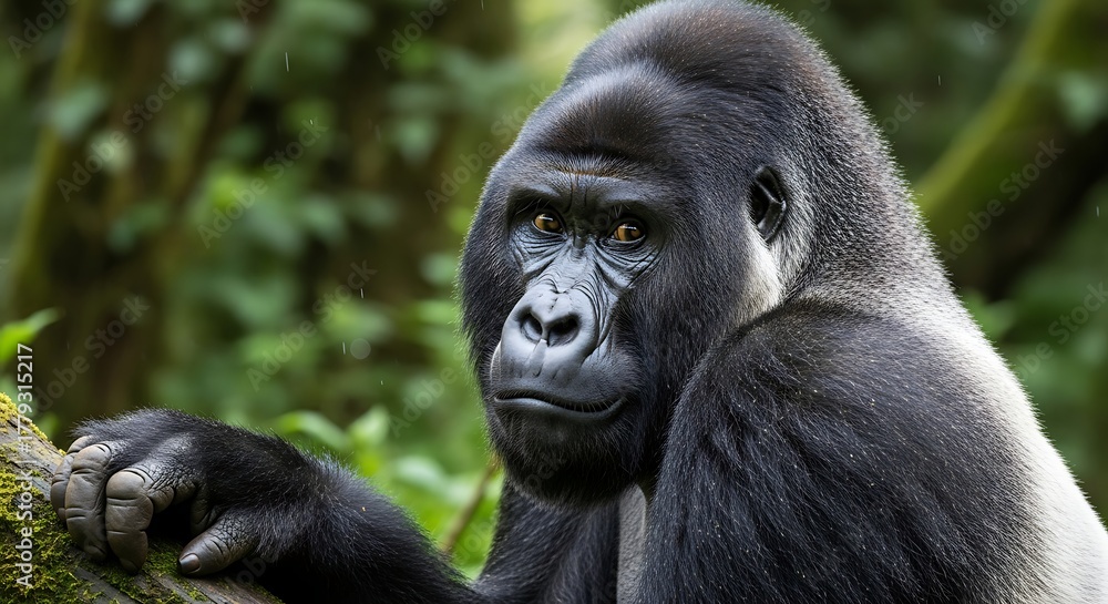 Fototapeta premium Portrait of a majestic silverback gorilla with thoughtful expression in forest setting