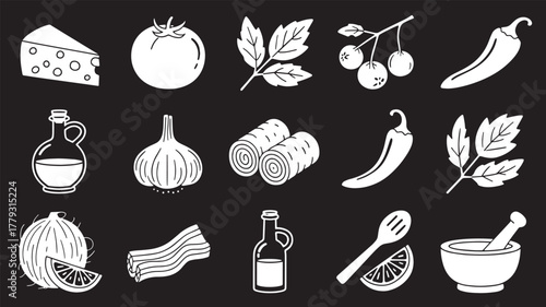 Collection of ingredients and kitchen utensils on a dark background