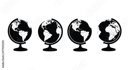 Four globe silhouettes isolated on white background, perfect for geography themes
