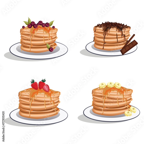 pancakes. Stacks of tasty pancakes with butter, chocolate syrup and fruits